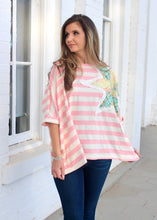 Load image into Gallery viewer, BlueVelvet Oversized Contrasting Stripe Top with Flower Patch in Pink-White