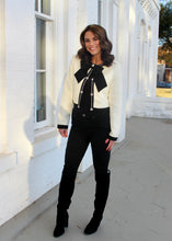 Load image into Gallery viewer, MABLE Textured Tweed CROPPED Jacket with Rhinestones and Bow Details in Cream