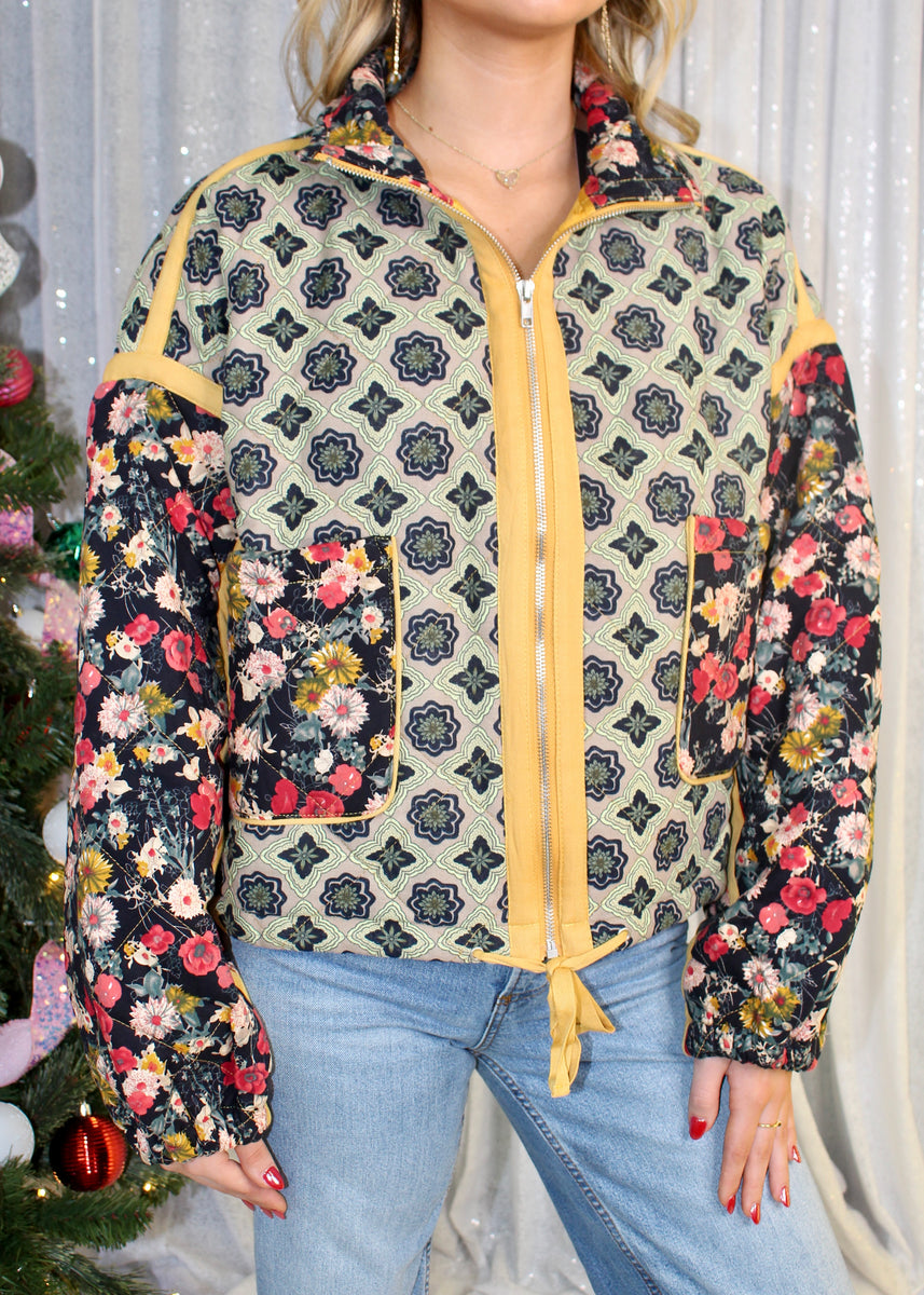 J.nna Mixed Print Quilted Puffer Jacket in Marigold Garden – June Adel