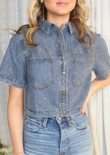 Load image into Gallery viewer, Cozy Co. CROPPED Denim Rhinestone Studded Top in Denim Blue