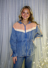 Load image into Gallery viewer, J.nna Plaid and Denim Color Block Jacket with Lace Trim in Brown Denim