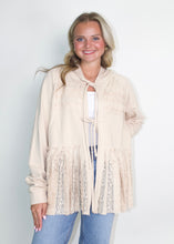 Load image into Gallery viewer, Easel Mixed Lace Open Front Tie Hooded Cardigan in Khaki