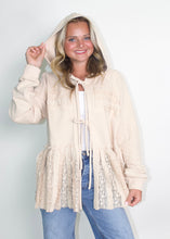 Load image into Gallery viewer, Easel Mixed Lace Open Front Tie Hooded Cardigan in Khaki