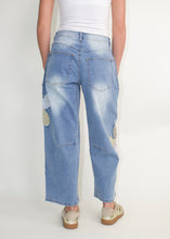 Load image into Gallery viewer, Easel Flower Patched Denim Barrel Pants in Washed Denim