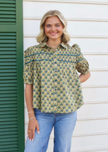 Load image into Gallery viewer, FATE Floral Print Top with Contrasting Piping Accent in Teal Green Multi