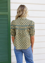 Load image into Gallery viewer, FATE Floral Print Top with Contrasting Piping Accent in Teal Green Multi