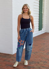 Load image into Gallery viewer, J.nna Denim Mineral Washed Flower Patched Pants in Dark Denim