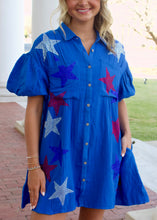 Load image into Gallery viewer, Peach Love Rhinestone Star Gauze Dress in Blue