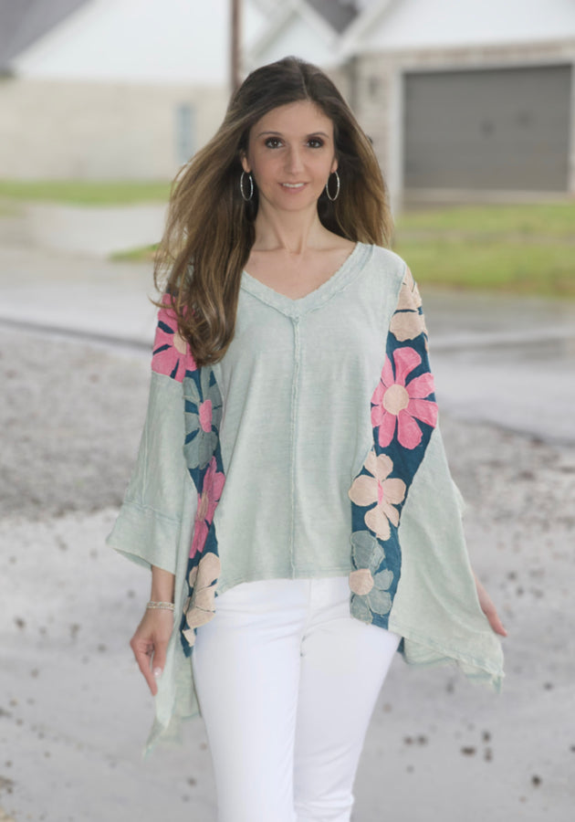 Oli & Hali Oversized Panel Top with Daisy Patches in Mint Shirts & Tops Oli & Hali   