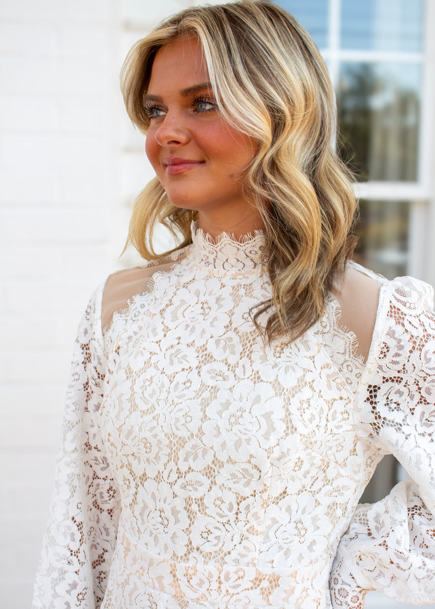 FATE Floral Lace with Sheer Details Romper in Cream – June Adel