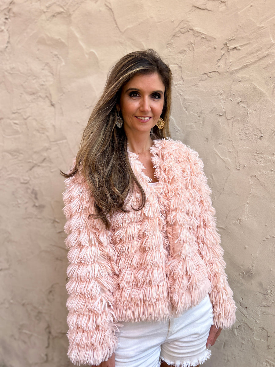 Peach Love Open Front Fur Jacket in Baby Pink – June Adel