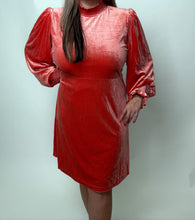 Load image into Gallery viewer, Easel Long Sleeve Mock Neck Velvet Dress in Coral Peach