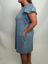 Load image into Gallery viewer, Easel Mineral Washed Dress with Wing Sleeves and Lace Details in Denim Blue