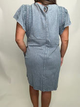 Load image into Gallery viewer, Easel Mineral Washed Dress with Wing Sleeves and Lace Details in Denim Blue