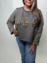 Load image into Gallery viewer, POL French Terry Top with Leopard Print USA Letter Patches in Vintage Moss