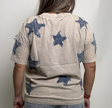 Load image into Gallery viewer, Sage+Fig OVERSIZED Top with Frayed Edge Denim Stars in Gray