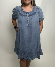 Load image into Gallery viewer, Easel Ruffled Detailed Chambray Dress in Washed Denim
