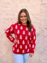 Load image into Gallery viewer, BiBi Christmas Tree Pattern Sweater with Pearl Details in Red/Ivory