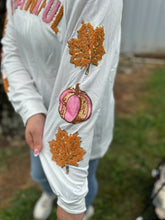 Load image into Gallery viewer, Grace+Emma THANKFUL" Chenille Patched Top with Pumpkin and Leaves on Sleeves in Beige