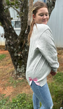 Load image into Gallery viewer, Embroidered Side Hem Retro Pink Coquette Bow Sweatshirt in Dark Heather