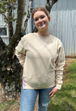 Load image into Gallery viewer, Embroidered Side Hem Red and Green Christmas Bow Sweatshirt in Sand