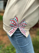 Load image into Gallery viewer, Embroidered Side Hem Red and Green Christmas Bow Sweatshirt in Sand