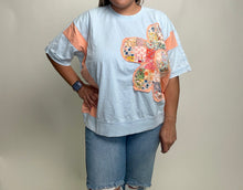 Load image into Gallery viewer, Easel Mineral Washed Color Block Flower Patched Top in Sky Blue