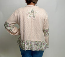 Load image into Gallery viewer, POL OVERSIZED Ribbed Knit Top with Contrasting Flower Patches in Powder Almond