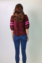 Load image into Gallery viewer, VOY Half Puff Sleeve Stripe Detail Floral Velvet Top in Burgundy
