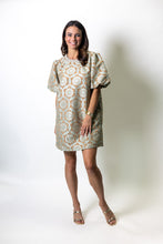 Load image into Gallery viewer, VOY Beaded Neckline Geometric Velvet Jacquard Dress in Taupe