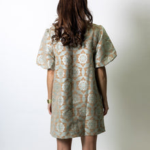 Load image into Gallery viewer, VOY Beaded Neckline Geometric Velvet Jacquard Dress in Taupe