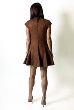 Load image into Gallery viewer, FATE High Neckline Cap Sleeve Fit And Flare Faux Suede Dress in Brown