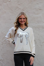 Load image into Gallery viewer, Emma+Grace Varsity Sweater with Sequin Bow on Front in Cream