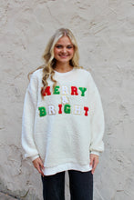 Load image into Gallery viewer, BiBi Christmas Sherpa Pullover with MERRY & BRIGHT Patches in Ivory