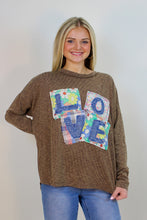 Load image into Gallery viewer, Easel Solid Color Ribbed Knit Top with LOVE Patches on Front in Mocha