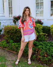 Load image into Gallery viewer, Umgee Floral Print Top with Contrasting Print Trim in Coral