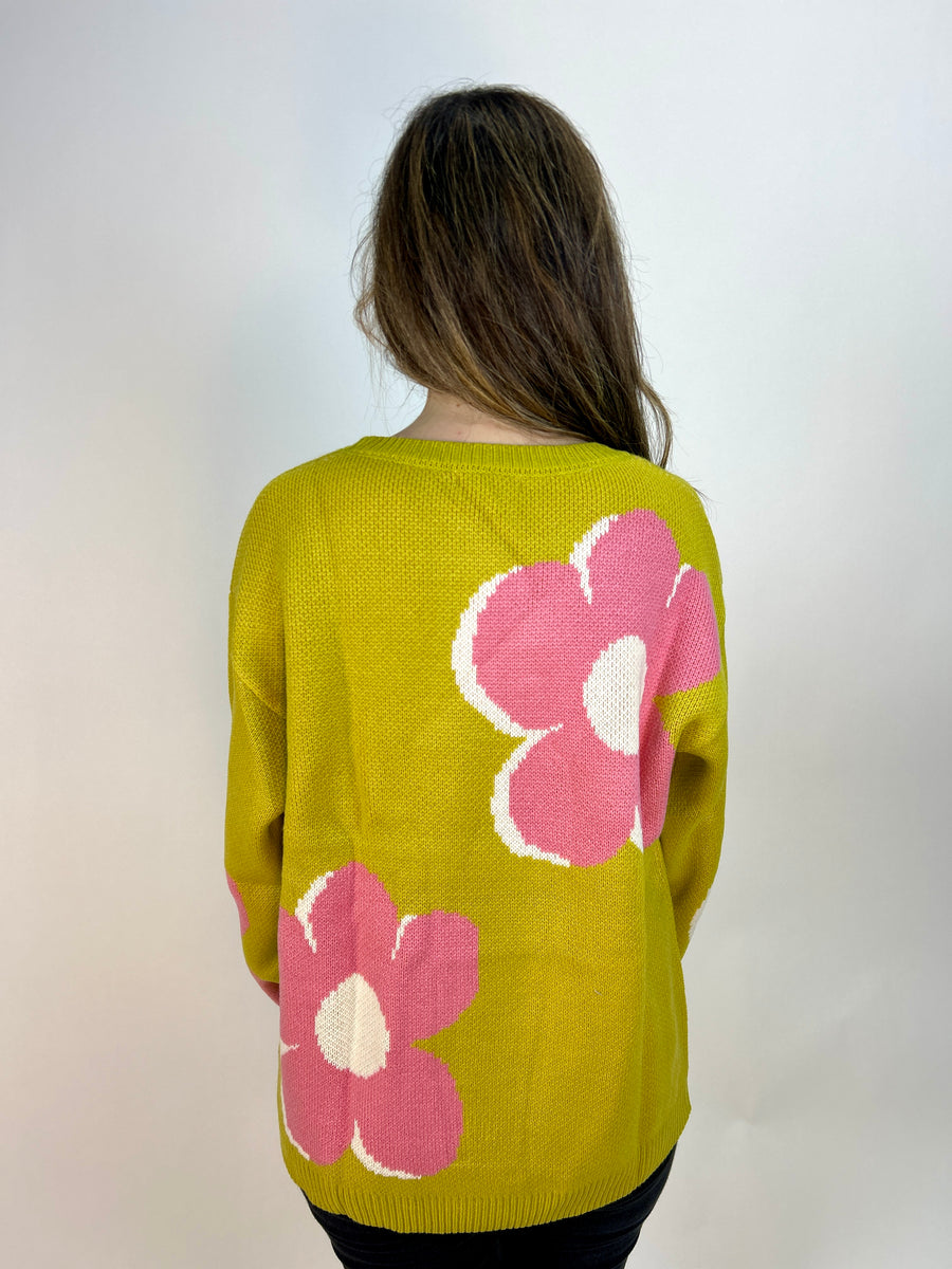 Easel Knit Sweater with Large Flower Print in Lime Green – June Adel