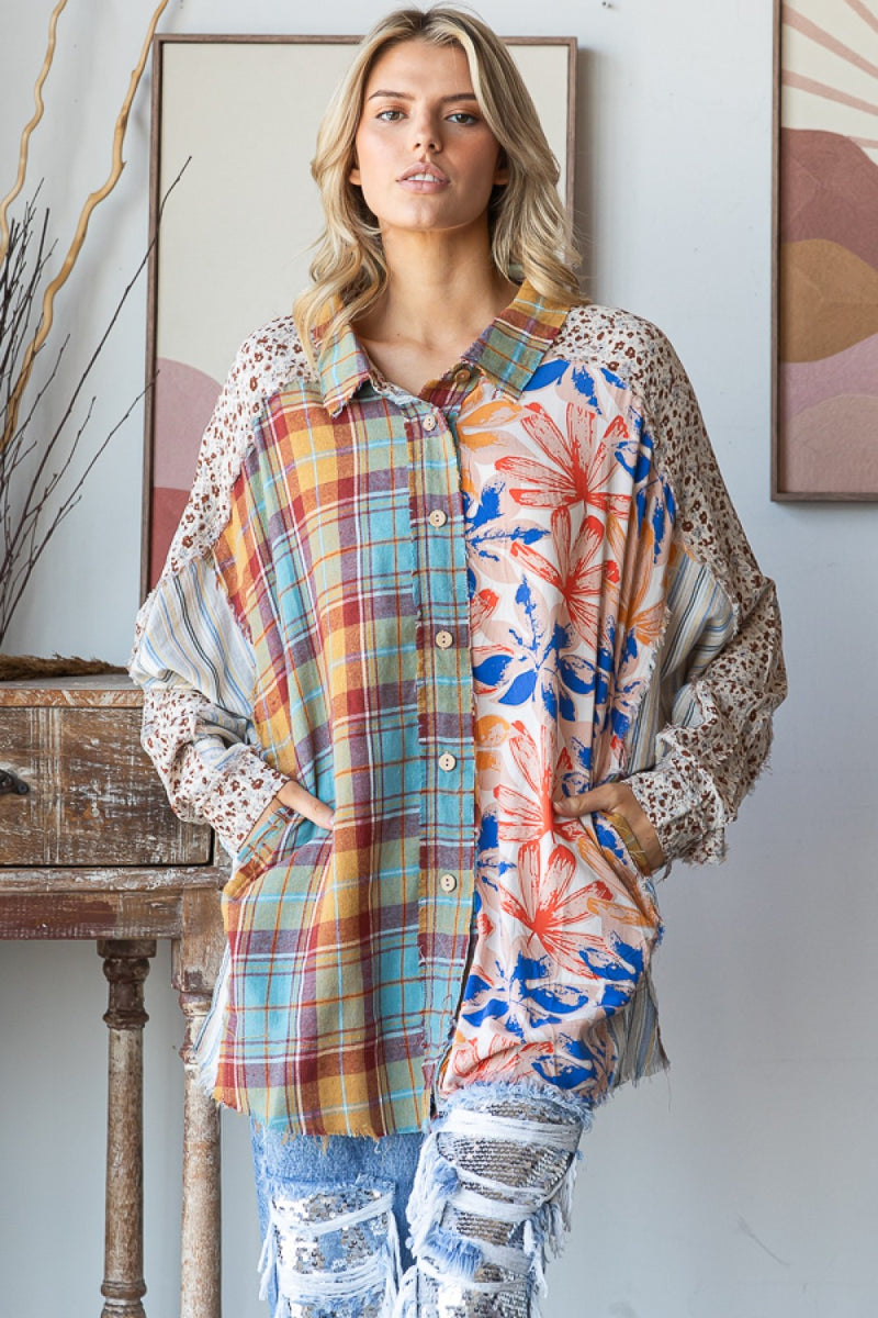 Oli & Hali Mixed Print Button Down Top in Blue Combo – June Adel