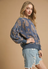 Load image into Gallery viewer, Umgee French Terry Knit Contrasting Color Paisley Print Top in Denim