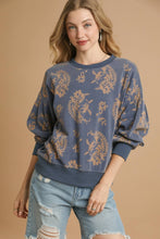 Load image into Gallery viewer, Umgee French Terry Knit Contrasting Color Paisley Print Top in Denim