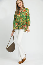 Load image into Gallery viewer, Umgee Floral Print Peplum Top in Green Mix