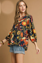 Load image into Gallery viewer, Umgee Floral Print Peplum Top in Navy Mix