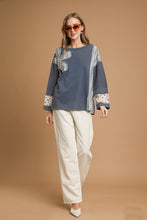 Load image into Gallery viewer, Umgee OVERSIZED French Terry Top with Flower Patch Detail in Denim