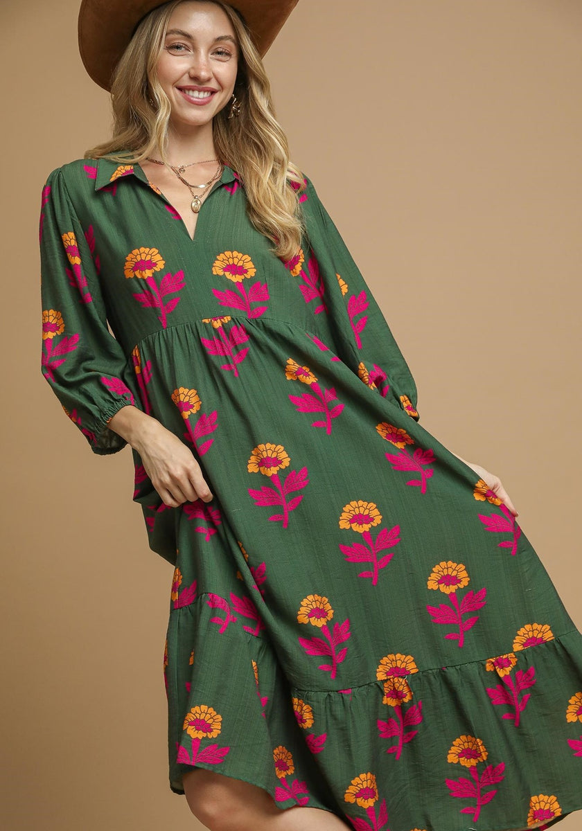 Umgee Floral Print Tiered Maxi Dress in Green Mix S Umgee Floral Print Tiered Maxi Dress in Green Mix S