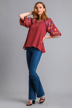 Load image into Gallery viewer, Umgee Linen Blend Top with Embroidery Sleeves in Crimson Shirts & Tops Umgee