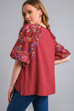 Load image into Gallery viewer, Umgee Linen Blend Top with Embroidery Sleeves in Crimson Shirts & Tops Umgee