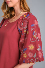 Load image into Gallery viewer, Umgee Linen Blend Top with Embroidery Sleeves in Crimson Shirts & Tops Umgee