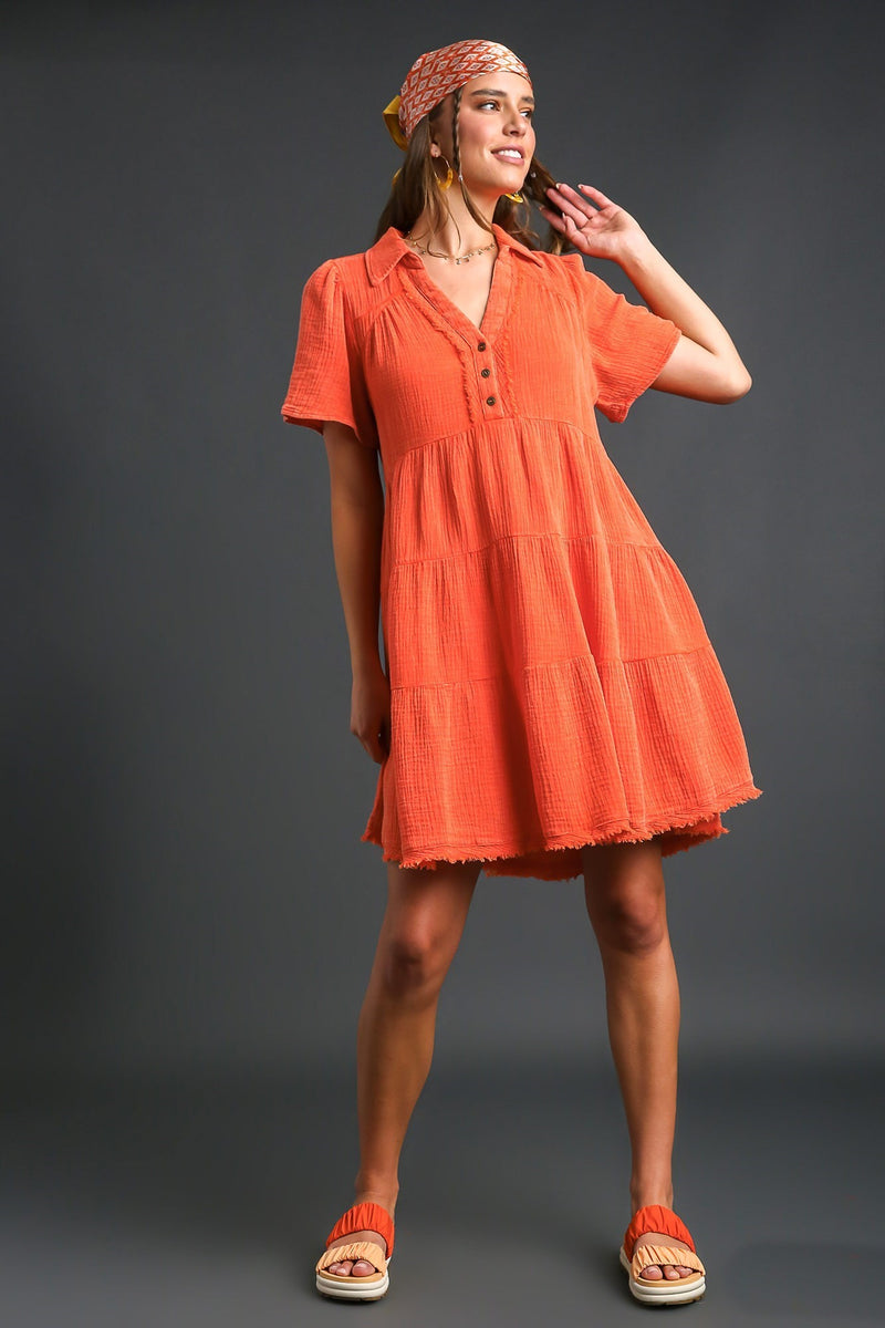 Umgee Mineral Washed Short Tiered Dress in Orange June Adel