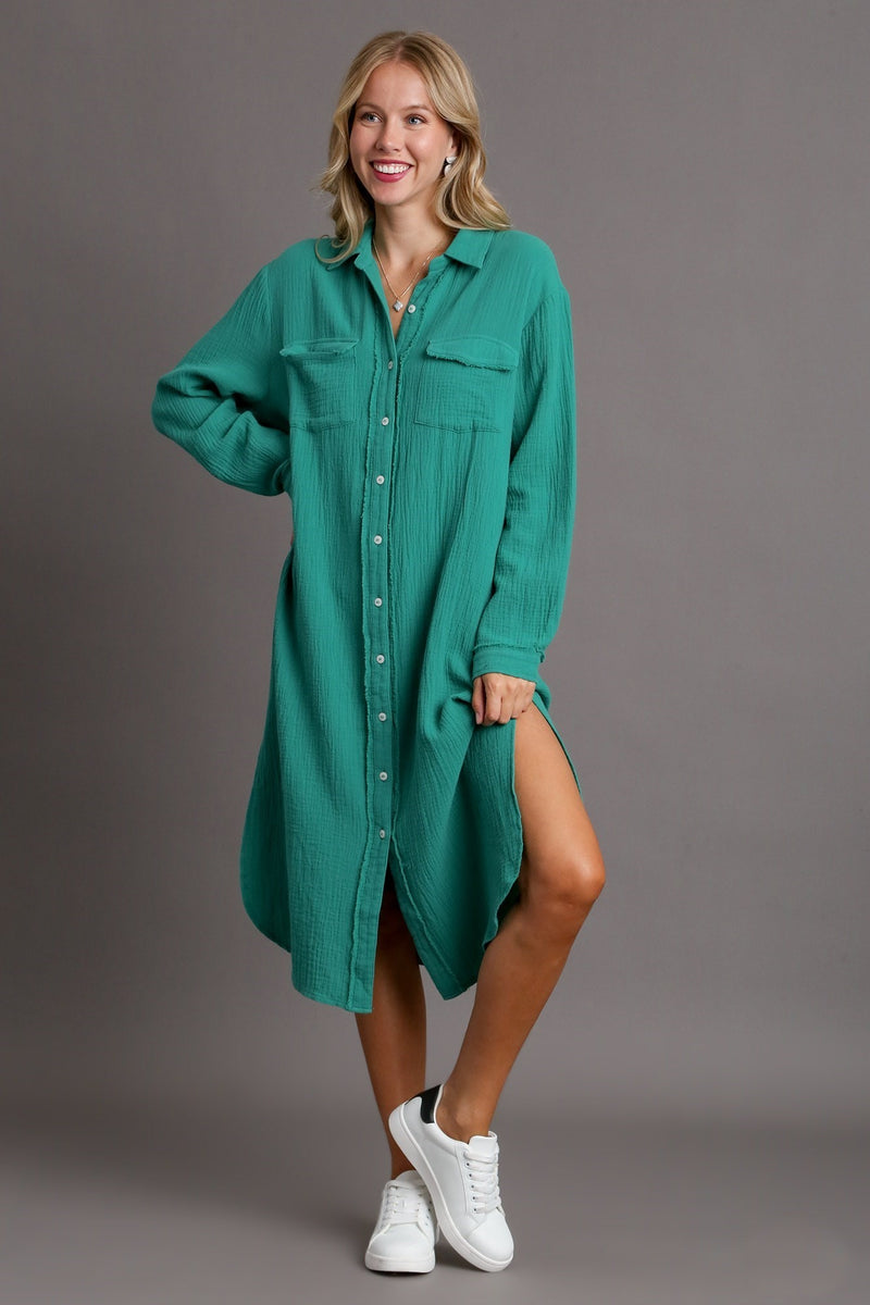 Umgee Bleached Striped Button Down Shirt Dress