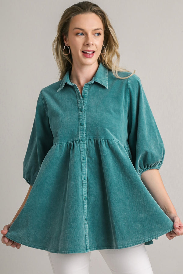 Umgee Mineral Washed Corduroy Tunic Top in Teal Shirts & Tops Umgee   